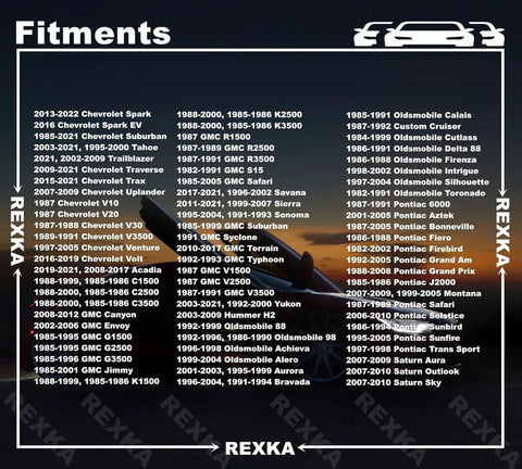 Front view of Rexka 10-piece hood panel insulation seal retainer clip with GM model compatibility chart.