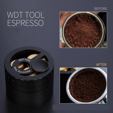 Geared Espresso Leveler And Magnetic Coffee Needle Distributor For 51 54 58 Millimeter Portafilters showing before and after coffee distribution.