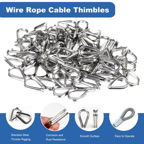 Pile of stainless steel thimbles from All In One 1/8 Inch Wire Rope Crimp Sleeve Kit with 100 aluminum crimp sleeves and 50 M3 thimbles