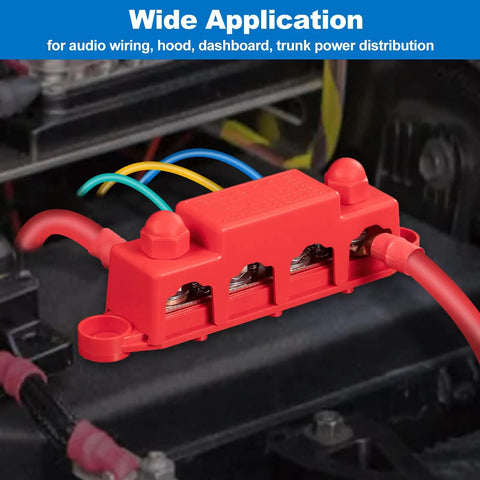 Heavy Duty 12V Bus Bar Power Distribution Block Packing 250A Peak Current And Stainless Steel Terminals For Bulletproof RV Marine And Car Audio Builds Crafted Tough And Street Ready, red block with wiring.