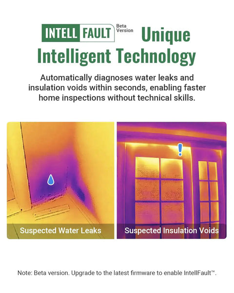 Thermal Imaging Camera With Visual Sensor And Laser Pointer, Dual IR And Visible Cams, Fusion, Thermal And Visual Modes, 240x240 Super Resolution, 25 Hz Frame Rate, 50 Field Of View, Minus Four Fahrenheit To 1022 Fahrenheit, IP54 Infrared Camera highlighting suspected water leaks and insulation voids.