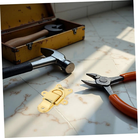 Zerodeko Metal Duckbilled Hasp Lock Toggle Latch Zinc Alloy Material 2pcs on workbench with hammer and pliers.