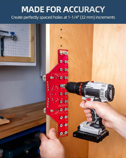 Two In One Cabinet Jig With Eleven Hole Shelf Pin Guide And Concealed Hinge Drill Template, all-metal, used on wood cabinet.