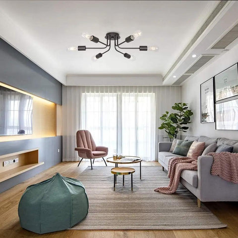 Modern living room with Six Light Sputnik Chandelier In Oil Rubbed Bronze Semi Flush Ceiling Light For Kitchen Dining Room