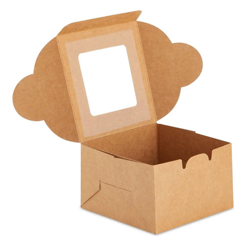 Heavy Duty Brown Cardboard Cookie Boxes With Clear Viewing Window Four By Four Inch Pastry Containers For Cupcakes Mini Pies And Sweet Treats Fifty Pack open box with clear window