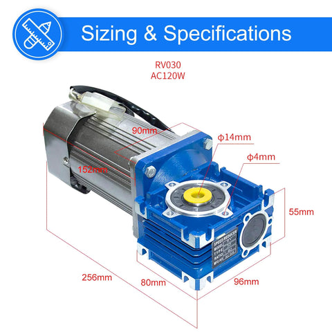 industrial worm gear motor 120W with sizing details