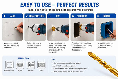 Step-by-step guide for using Heavy Hitter Titanium Nitride Coated Hss Rotary Tool Bits for drywall cutting and outlet box installation.