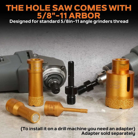 Front view of KSEIBI 615235 diamond hole saw set with orange vacuum-brazed bits for 1-3/8 in drilling on angle grinders.