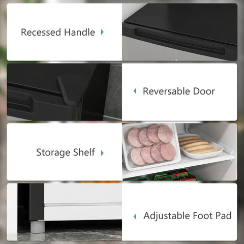 Solid 3 Cubic Foot Compact Upright Freezer With No Fuss Controls And Reversible Door Plays Nice In Tight Apartments Or Busy Kitchens While Keeping Your Frozen Stash Ice Cold In Bright Silver showing recessed handle, reversible door, storage shelf, and adjustable foot pad.