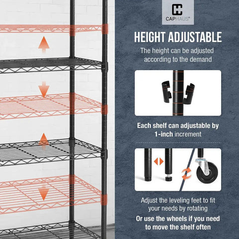 Top Shelf Heavy Duty 5 Tier Wire Shelving Rack With Smooth Rolling Wheels And Quick Adjust Leveling Feet for height adjustments.