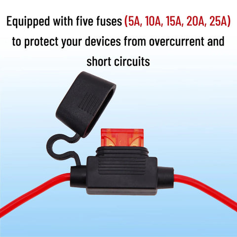 Straight Up Heavy Duty 2 Ft Sae Battery Connector Cable, 12 Awg Copper Wire Harness With Fuse Blocks And Polarity Adapter, showing fuses for device protection.