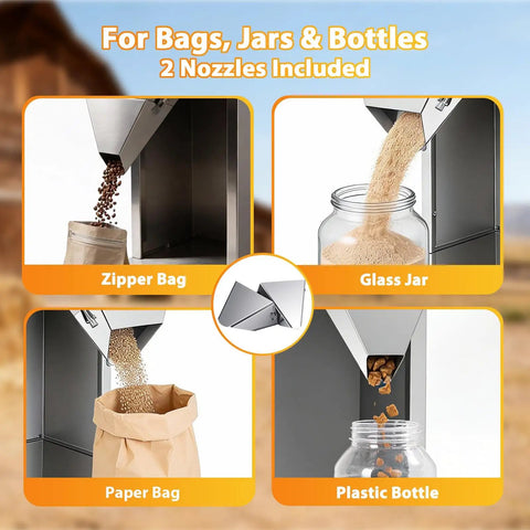 Top Shelf Automatic Powder And Particle Filling Machine With 77 Pound Hopper pouring into zipper bag, glass jar, paper bag, and plastic bottle.