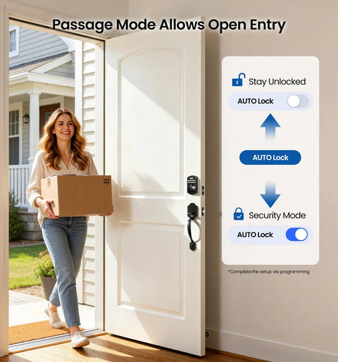 Keyless Fingerprint Door Lock With Keypad Deadbolt In Matte Black shown with a woman carrying a box, demonstrating auto lock feature.