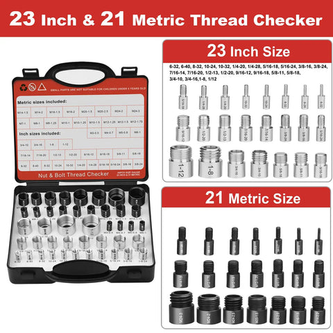 44 Piece Nut And Bolt Thread Gauge Set For Tight Spaces With Individual Thread Checkers in a foam tray showing standard and metric sizes.