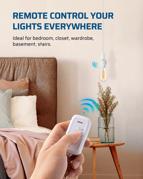 Person using Remote Control Light Socket With Wireless Control For Lamps And Fixtures, Pull Chain Compatible in bedroom
