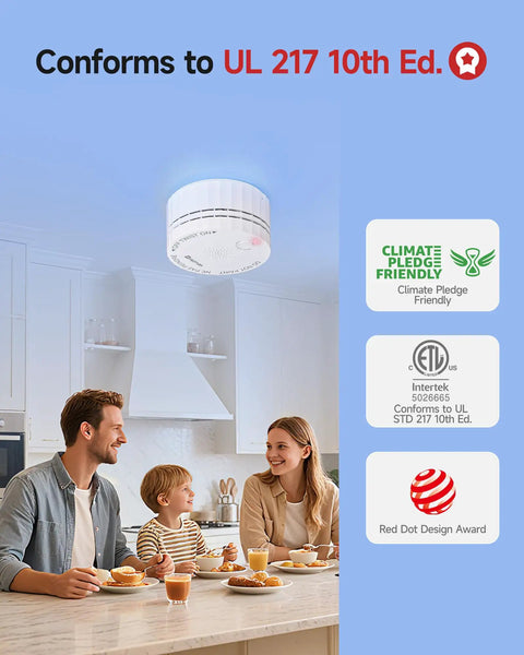Top Shelf Battery Powered Photoelectric Smoke Detector And Home Alarm with low profile design in modern kitchen setting.