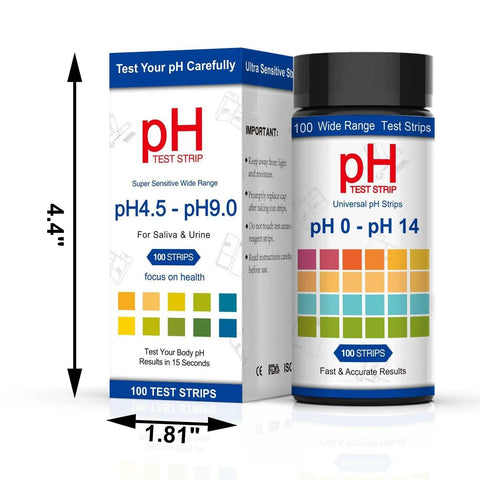 pH Test Strips 0 To 14, 100 Strips Universal Litmus Paper packaging, box and bottle with color scale for liquid testing
