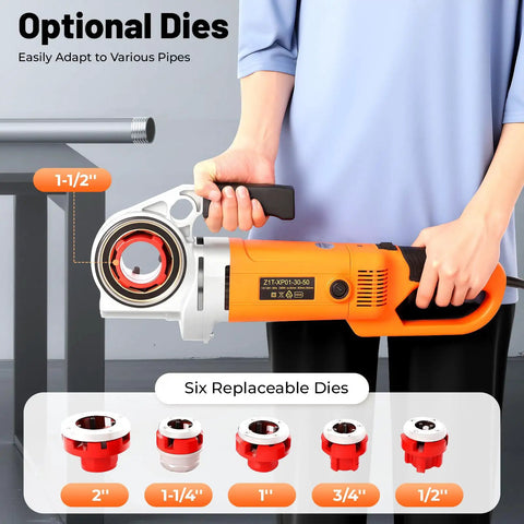 Pro Grade Electric Pipe Threader Kit With Raw 2300W Torque And Six Quick Swap Dies held by person, showing replaceable dies for pipe sizes 1/2" to 2".