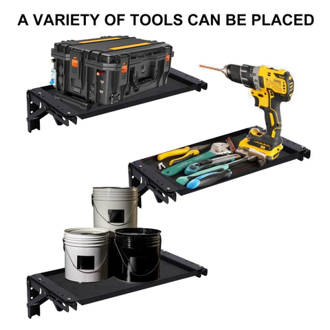 Magnetic Tool Tray And Folding Work Table For Modular Toolboxes No Drill Installation Aluminum Alloy Mobile Workstation For Onsite Repairs And Maintenance On The Go holding toolbox, drill, tools, and paint cans.