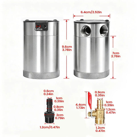 Heavy Duty Dual Port Oil Catch Can For Engine Performance showing 300ml aluminum tank with drain valve and dual lines.