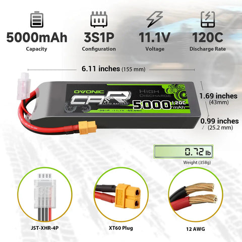 11.1V 5000mAh 3S LiPo Battery Pack With EC5 Plug, 120C High Discharge, Hard Case, Dual Pack overview with dimensions and connectors