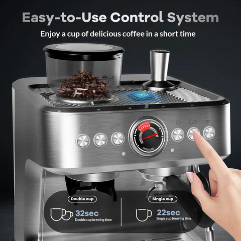 Slick Semi Automatic Espresso Brewer With Built In Grinder And Milk Frother Delivers 20 Bar Pressure Plus Roomy Water Tank control panel and coffee beans.