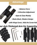 Hidden Door Hinge Set Two Pack 6 Inch Concealed Butt Hinges With 180 Degree Matte Black Swing And 3 Way Adjustable Zinc Alloy Construction For Heavy Duty Installations Tough As Nails Built To Last Riyhch; shown with tools and parts.