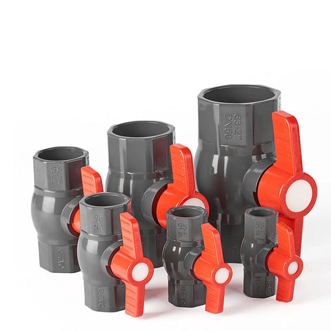 3/4 In SCH80 PVC Ball Valve Socket To Socket Shut Off Valve Quarter Turn Handle Straight Shot Water Flow Control Zero Hassle Setup For Irrigation Plumbing Yard Projects Bulk Pack Of 18, various sizes, gray material with red handles.