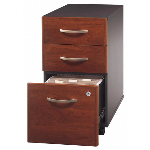 Series C 3 Drawer Mobile File Cabinet In Hansen Cherry For Home Office Organization And Commercial Workspaces, Rolling File Cabinet With Locking Drawers And Easy Assembly, showing open bottom drawer with files.