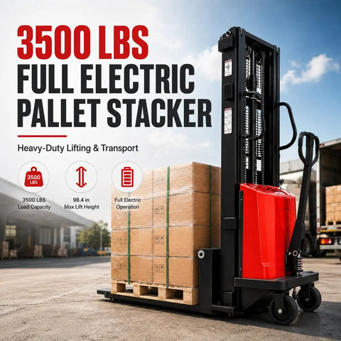 Heavy Duty Carbon Steel Semi Electric Pallet Stacker With 1.6KW Motor And 3500 Lb Capacity For Warehouses, lifting boxes in warehouse.