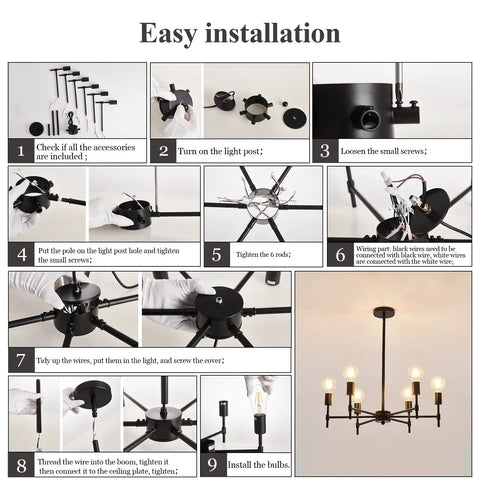 Six Light Sputnik Ceiling Fixture In Matte Black Industrial Farmhouse Vibe installation guide with step-by-step images