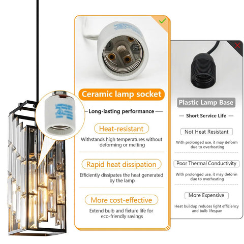 Sleek Black Pendant Lighting Set with ceramic lamp socket advantages over plastic, Modern Mini Crystal Chandeliers focus