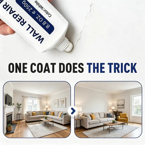 Drywall Repair Kit Pro Grade With Quick Drying Wall Mending Paste repairing a crack in a living room wall.