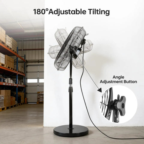 18 Inch High Velocity Pedestal Fan With Adjustable Height, Heavy Duty Metal Standing Fan in a workshop, side view