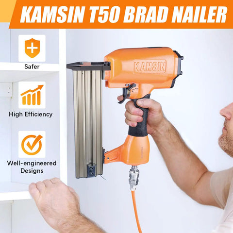 Real Deal 16 Gauge Pneumatic Brad Nailer With Side Load Magazine And Rugged Aluminum Body Working Smooth As Oil For Quick Pin Nailing And Clean Finish Carpentry On Busy Job Sites, held by a user.