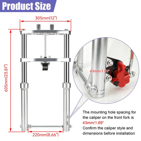 Beefed Up Mini Bike Front Suspension Forks Kit Replacement For Coleman CT200U And CT200U EX BT200X Axis M200 196cc 200cc showing dimensions