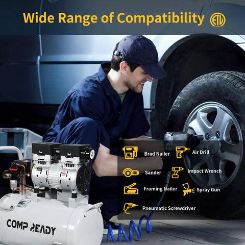 Man using 2 Gallon Portable Air Compressor 0.75HP Oil Free Ultra Quiet 60dB For Tire Inflation Pneumatic Tools Spray Painting 115V.