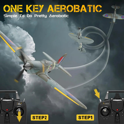 Illustration of Spitfire V2 RC Plane With Xpilot Stabilization showing aerobatic flight mode steps and remote control details.