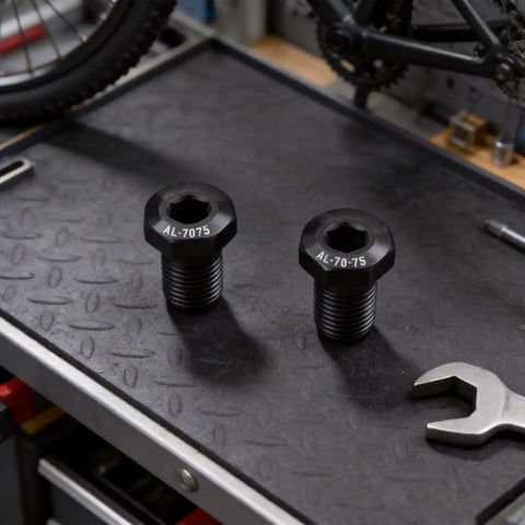 Two Pack M10 P1.0 Rear Derailleur Hanger Bolts For Tail Hook Mounting Screws And Chain Tensioner Installation Black Anodized Replacement Fasteners For Bikes Easy Install Durable Performance on a workbench with wrench