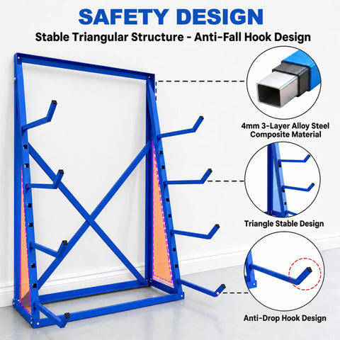 Built Like A Tank Four Tier Cantilever Rack For Heavy Lumber And Pipe Storage Made From Strong Alloy Steel Holding Up To Two Thousand Four Hundred Pounds For Garage Workshop Daily Grind showing stable triangular structure and anti-fall hook design.