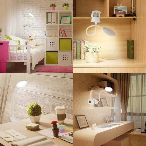 Clip On Bedside Reading Lamp With USB Rechargeable Battery in various room settings showing 18 LED Eye Friendly Light