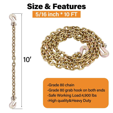 Beefed Up Heavy Duty G80 Transport Binder Chain With Clevis Grab Hooks Five Sixteenth Inch Ten Foot Tow Chain 4900 Lbs 10ft