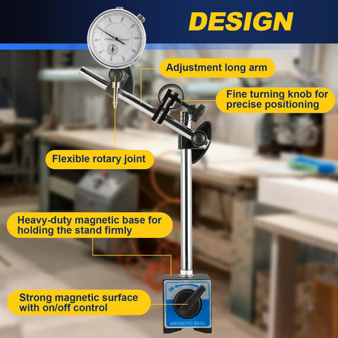 DASBET dial indicator with magnetic base on adjustable long-arm stand; 0–10 mm range, 0.01 mm resolution.