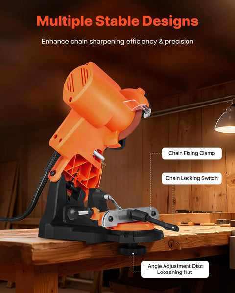 Tough Electric Chainsaw Sharpener Bench Mounted Eighty Five Watt Motor Spins Up To Five Thousand Rpm with stable chain fixing clamp.
