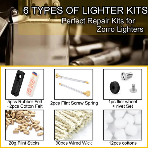 Universal Lighter Repair Kit Stuffed With Top Shelf Flint Stones Fresh Cotton Wicks And Heavy Duty Striker Wheels For Rock Solid Fire Sparks On The Go including felt, springs, flint sticks, wicks, and cottons.