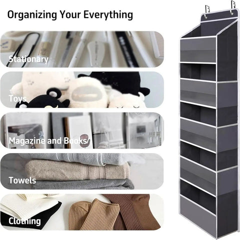 Seven Tier Over Door Hanging Storage Rack With Plentiful Mesh Side Pockets For Closets And Baths Heavy Duty showing organized items like toys and clothing.