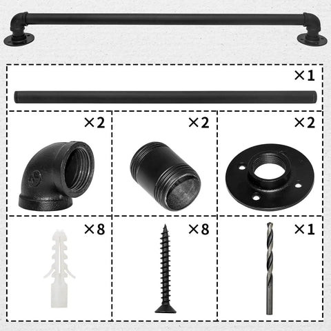 Components of Sturdy 2 Ft Wall Handrail for Indoor Stairs, including galvanized pipe railing, fixtures, screws, and drill bit with black powder coat