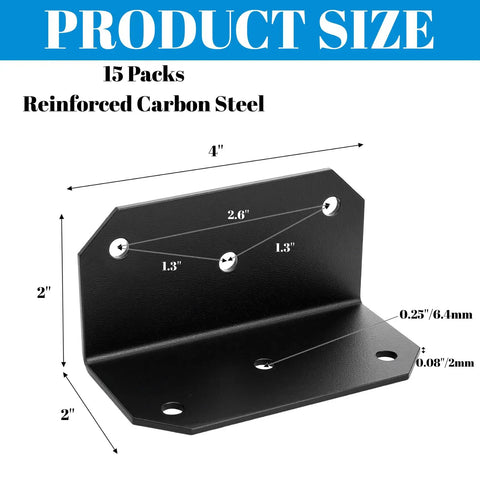 Heavy Duty Steel L Brackets, Tough As Nails Corner Support Plates For Woodworking, 15 Pack 4x2x2 Inch with reinforced carbon steel.