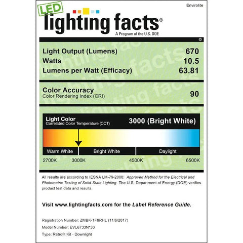 Lighting facts label for Bronze Trim Integrated LED Recessed Ceiling Light Five To Six Inch Retrofit Kit, 3000K Warm White, 90 CRI