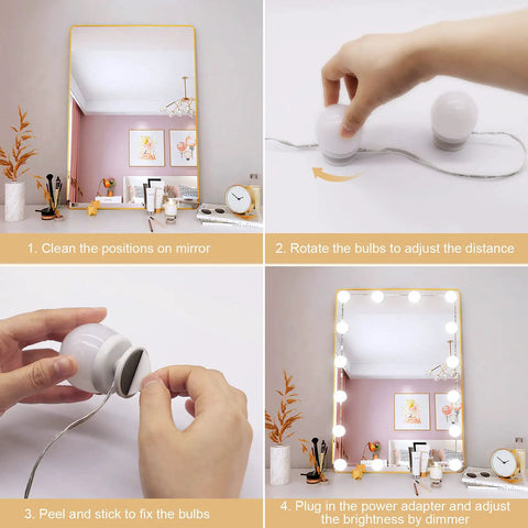 Steps for installing Hollywood Vanity Mirror Lights With 16 LED Bulbs, Dimmable Plug In, 3 Color Modes on dressing table mirror.